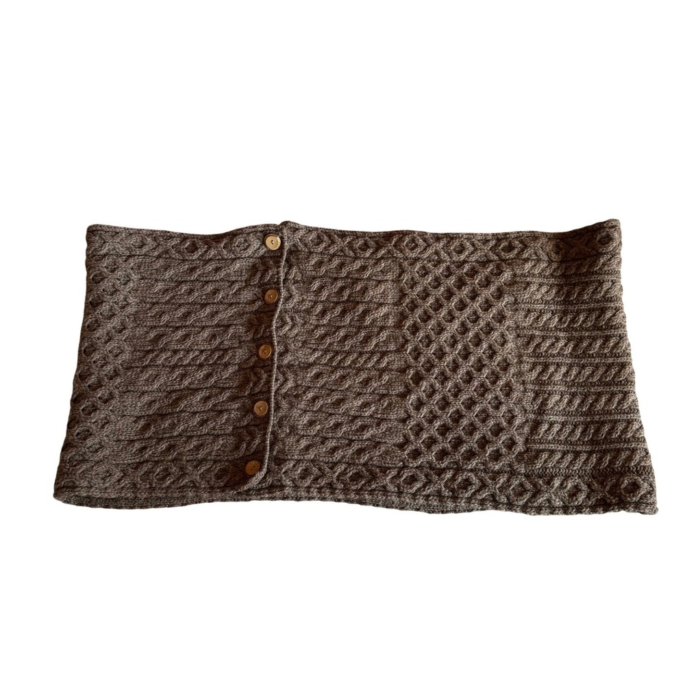 Carraig Donn Merino Wool Aran Knit Button Wrap Scarf Shawl Brown Made in Ireland